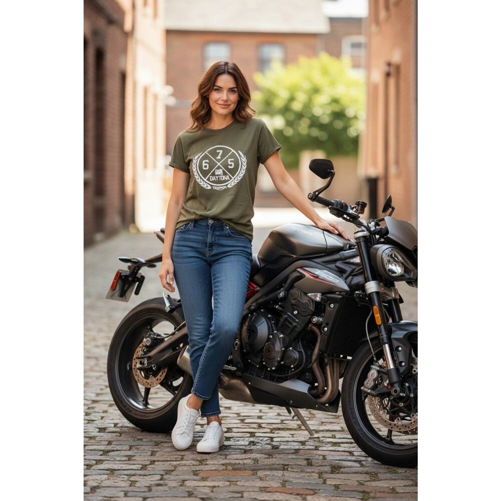 Women’s Olive Green Triumph Daytona Logo T-shirt, Biker Motorcycle Size Large